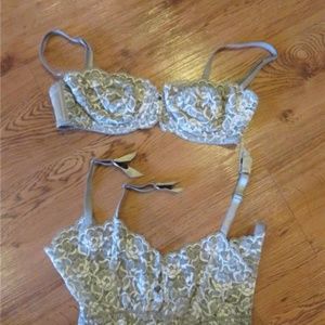 LOU GOLD OLIVE GREEN BRA & GARTER SET SIZE 34C